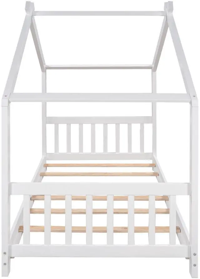 Main image of Twin Size House Platform Bed With Headboard And Footboard,Roof Design,White