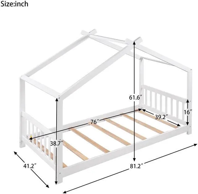 Alt view image 3 of 7 - Twin Size House Platform Bed With Headboard And Footboard,Roof Design,White