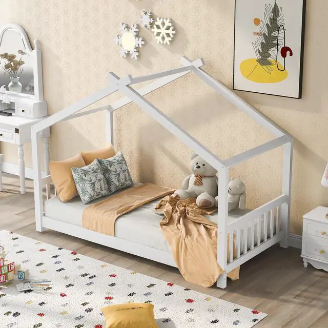 Alt view image 2 of 7 - Twin Size House Platform Bed With Headboard And Footboard,Roof Design,White