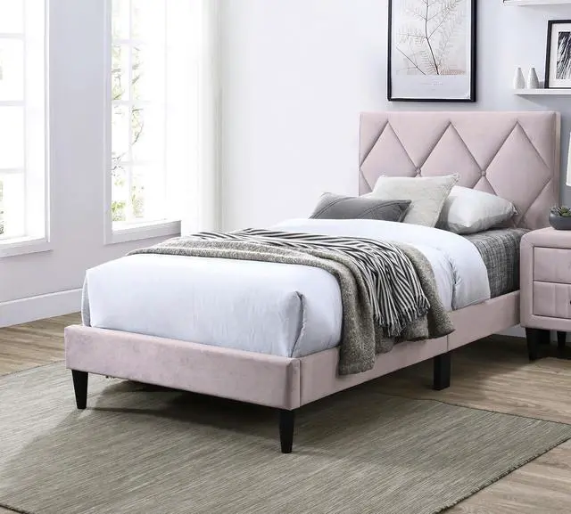 Main image of Full Size Bed W Adjustable Headboard 1Pc Bedframe, Light Pink Velvet Upholstered Youth Bedroom Furniture