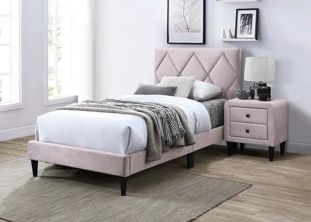 Alt view image 7 of 7 - Full Size Bed W Adjustable Headboard 1Pc Bedframe, Light Pink Velvet Upholstered Youth Bedroom Furniture