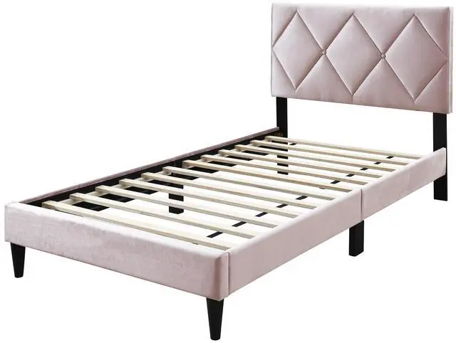 Alt view image 2 of 7 - Full Size Bed W Adjustable Headboard 1Pc Bedframe, Light Pink Velvet Upholstered Youth Bedroom Furniture