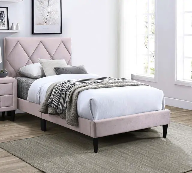Alt view image 3 of 7 - Full Size Bed W Adjustable Headboard 1Pc Bedframe, Light Pink Velvet Upholstered Youth Bedroom Furniture