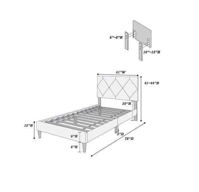 Alt view image 6 of 7 - Twin Size Bed W Adjustable Headboard 1Pc Bedframe, Light Pink Velvet Upholstered Youth Bedroom Furniture