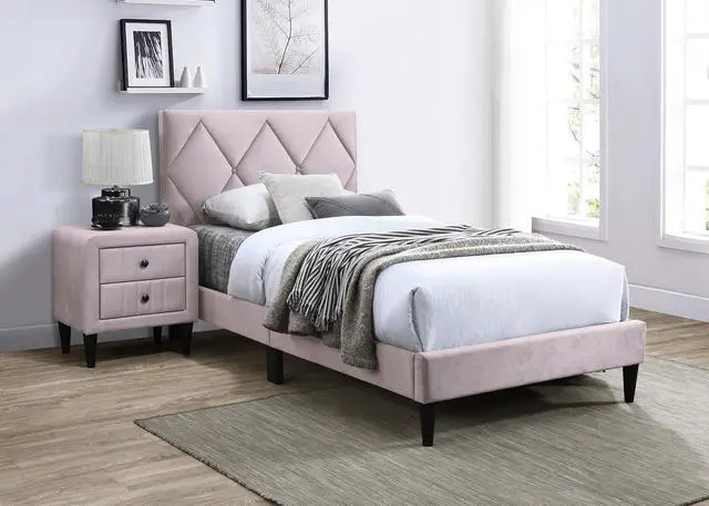 Alt view image 4 of 7 - Full Size Bed W Adjustable Headboard 1Pc Bedframe, Light Pink Velvet Upholstered Youth Bedroom Furniture