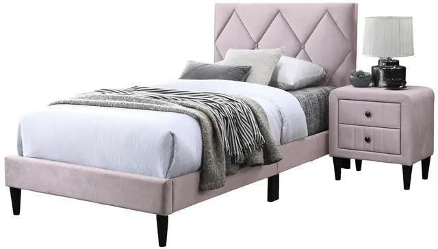Alt view image 6 of 7 - Full Size Bed W Adjustable Headboard 1Pc Bedframe, Light Pink Velvet Upholstered Youth Bedroom Furniture