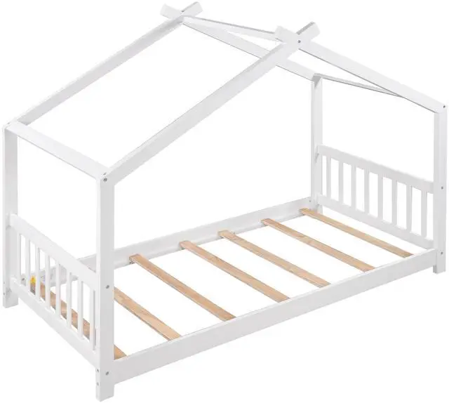 Alt view image 5 of 7 - Twin Size House Platform Bed With Headboard And Footboard,Roof Design,White