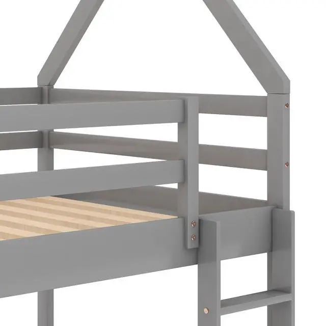 Alt view image 6 of 7 - Twin Over Twin Low Bunk Bed, House Bed With Ladder , Gray(Old Sku:Wf197808Aae)