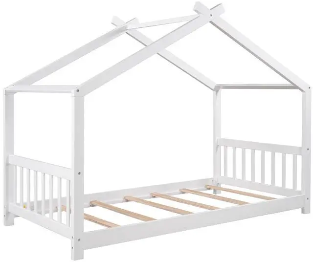 Alt view image 6 of 7 - Twin Size House Platform Bed With Headboard And Footboard,Roof Design,White