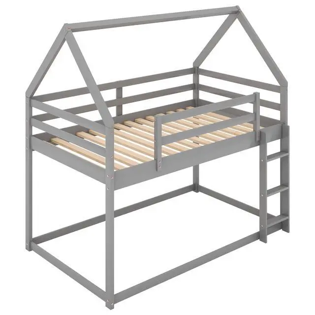 Alt view image 2 of 7 - Twin Over Twin Low Bunk Bed, House Bed With Ladder , Gray(Old Sku:Wf197808Aae)