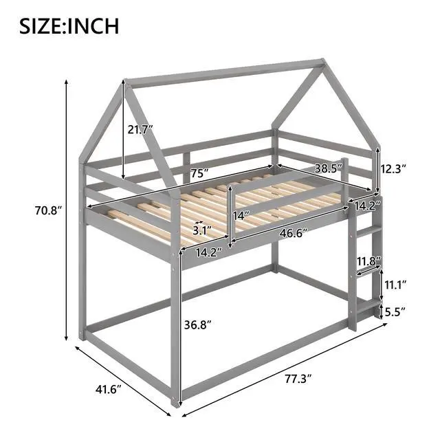 Alt view image 3 of 7 - Twin Over Twin Low Bunk Bed, House Bed With Ladder , Gray(Old Sku:Wf197808Aae)