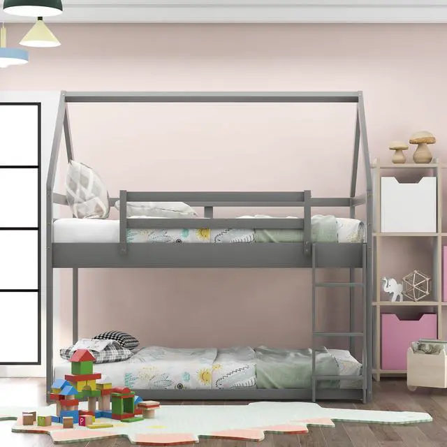 Alt view image 4 of 7 - Twin Over Twin Low Bunk Bed, House Bed With Ladder , Gray(Old Sku:Wf197808Aae)