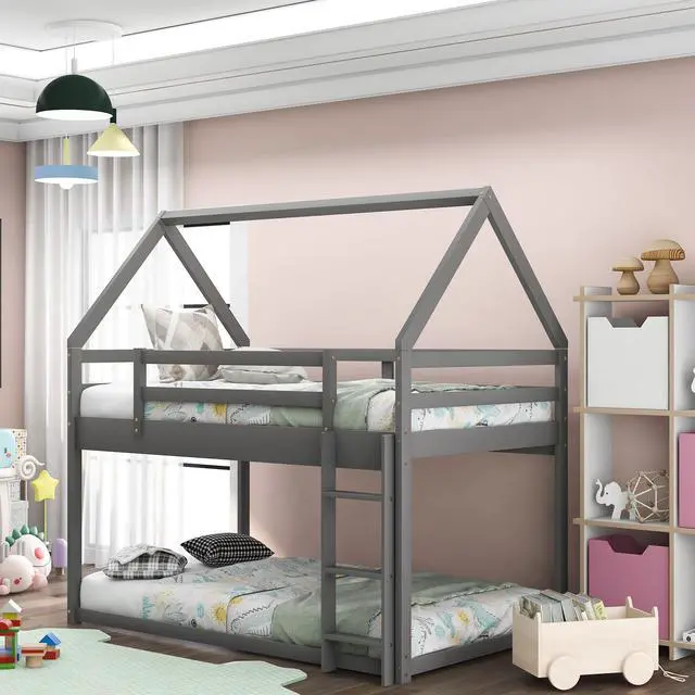 Main image of Twin Over Twin Low Bunk Bed, House Bed With Ladder , Gray(Old Sku:Wf197808Aae)