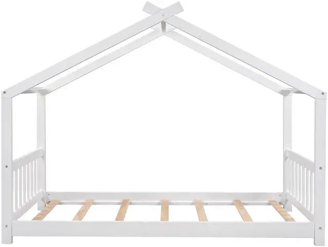 Alt view image 7 of 7 - Twin Size House Platform Bed With Headboard And Footboard,Roof Design,White