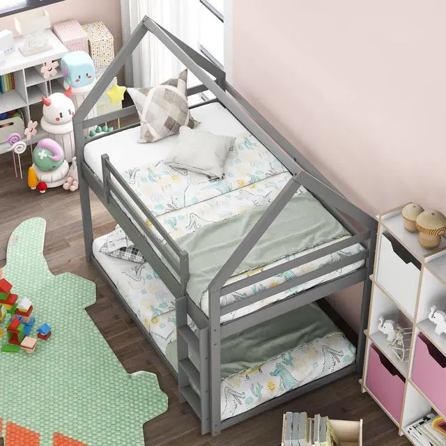 Alt view image 5 of 7 - Twin Over Twin Low Bunk Bed, House Bed With Ladder , Gray(Old Sku:Wf197808Aae)