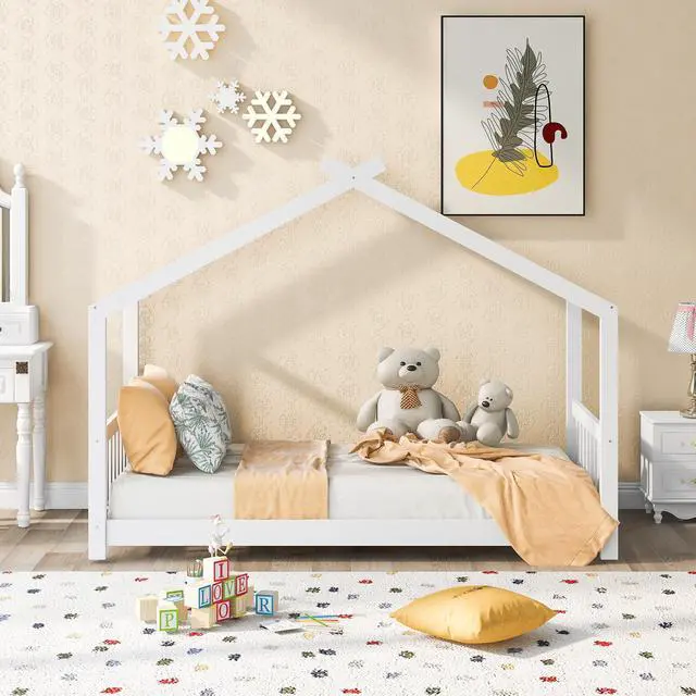 Alt view image 4 of 7 - Twin Size House Platform Bed With Headboard And Footboard,Roof Design,White