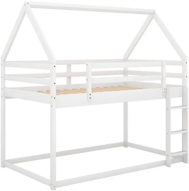 Main image of Twin Over Twin Low Bunk Bed, House Bed With Ladder , White(Old Sku:Wf197808Aak)