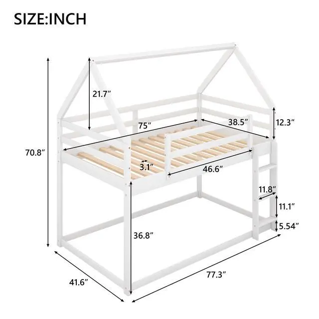 Alt view image 3 of 7 - Twin Over Twin Low Bunk Bed, House Bed With Ladder , White(Old Sku:Wf197808Aak)