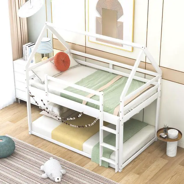 Alt view image 5 of 7 - Twin Over Twin Low Bunk Bed, House Bed With Ladder , White(Old Sku:Wf197808Aak)