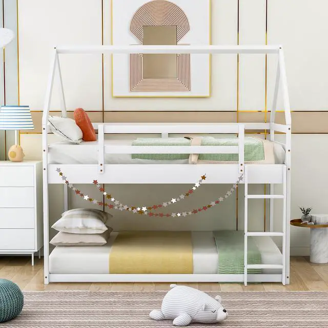 Alt view image 4 of 7 - Twin Over Twin Low Bunk Bed, House Bed With Ladder , White(Old Sku:Wf197808Aak)