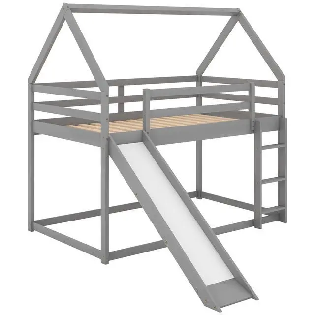 Alt view image 2 of 7 - Twin Size Bunk House Bed With Slide And Ladder,Gray