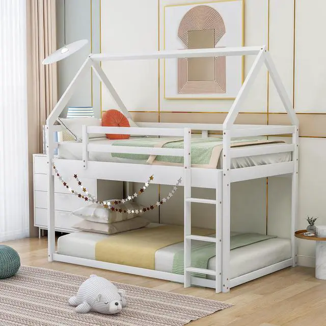 Alt view image 2 of 7 - Twin Over Twin Low Bunk Bed, House Bed With Ladder , White(Old Sku:Wf197808Aak)