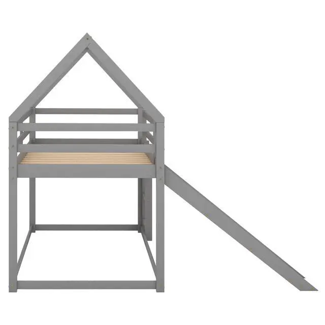 Alt view image 7 of 7 - Twin Size Bunk House Bed With Slide And Ladder,Gray