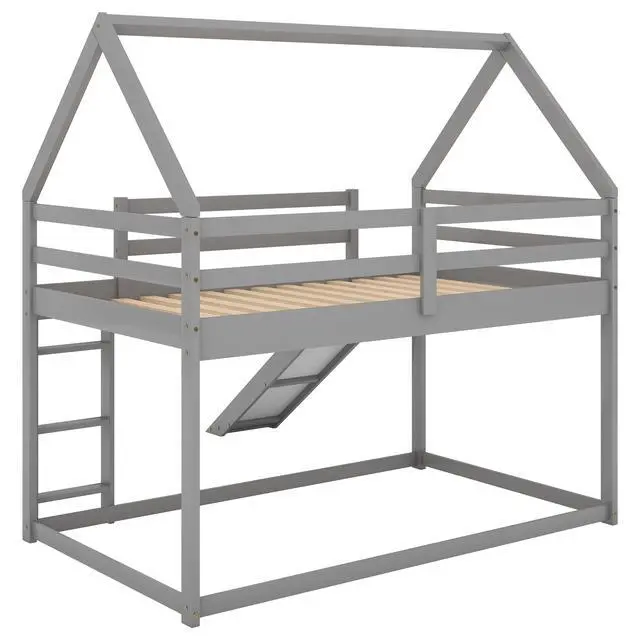 Alt view image 6 of 7 - Twin Size Bunk House Bed With Slide And Ladder,Gray