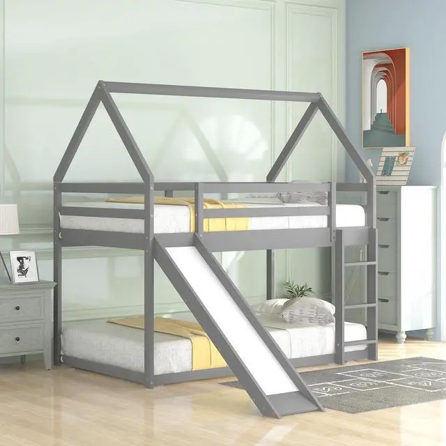 Alt view image 4 of 7 - Twin Size Bunk House Bed With Slide And Ladder,Gray