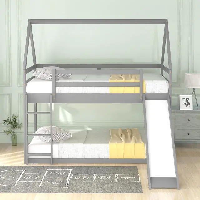Alt view image 5 of 7 - Twin Size Bunk House Bed With Slide And Ladder,Gray