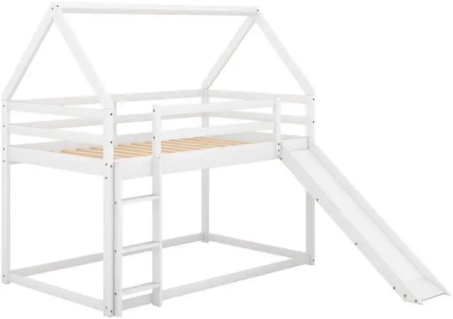 Main image of Twin Size Bunk House Bed With Slide And Ladder,White