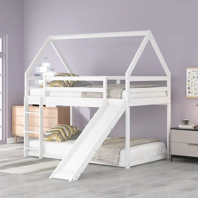 Alt view image 2 of 7 - Twin Size Bunk House Bed With Slide And Ladder,White
