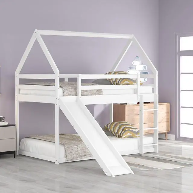 Alt view image 5 of 7 - Twin Size Bunk House Bed With Slide And Ladder,White