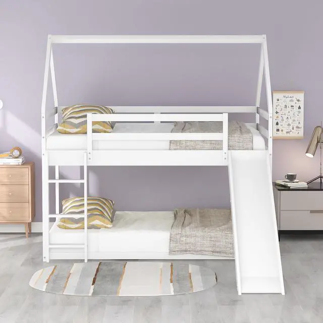 Alt view image 4 of 7 - Twin Size Bunk House Bed With Slide And Ladder,White