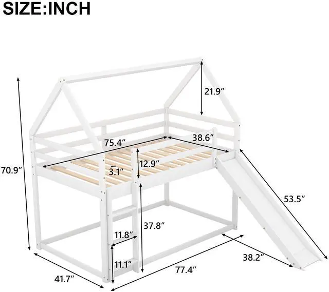 Alt view image 3 of 7 - Twin Size Bunk House Bed With Slide And Ladder,White