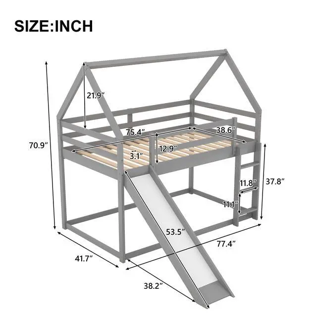Alt view image 3 of 7 - Twin Size Bunk House Bed With Slide And Ladder,Gray