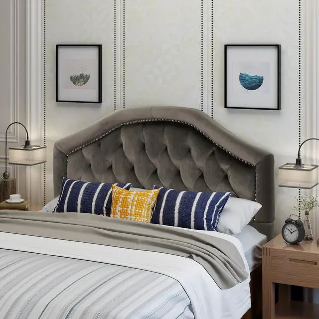 Alt view image 2 of 7 - Tufted Upholstered Headboard Queen Size, Solid Wood Head Board With Durable Metal Legs, Adjustable Height Queen Headboard With Nailhead Trim In Bedroom
