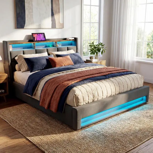 Alt view image 6 of 7 - Queen Size Upholstered Platform Bed With A Hydraulic Storage System, Led And Charging Station, No Box Spring Needed, Easy Assembly, Noise-Free, Grey (Without Mattress)