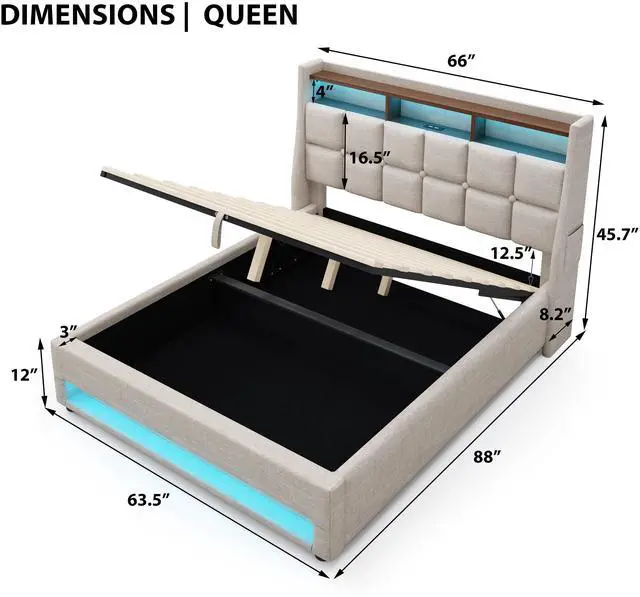 Alt view image 3 of 7 - Queen Size Upholstered Platform Bed With A Hydraulic Storage System, Led And Charging Station, No Box Spring Needed, Easy Assembly, Noise-Free, Natural (Without Mattress)