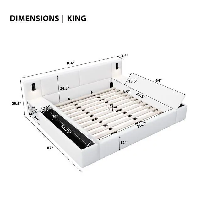 Alt view image 3 of 7 - King Size Teddy Fleece Upholstered Platform Bed Frame With Massive Hidden Storage, Modern Bouclé Fabric Bed With Built-In Nightstands & Led Reading Lights, Wood Slats, No Box Spring Needed, White