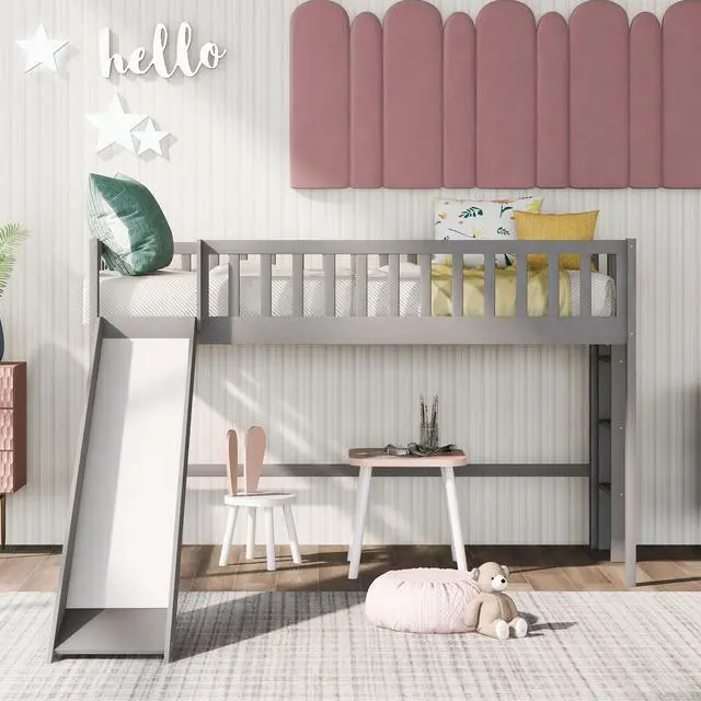 Main image of Twin Size Low Loft Bed With Ladder And Slide, Gray(Old Sku:Wf196418Aae)