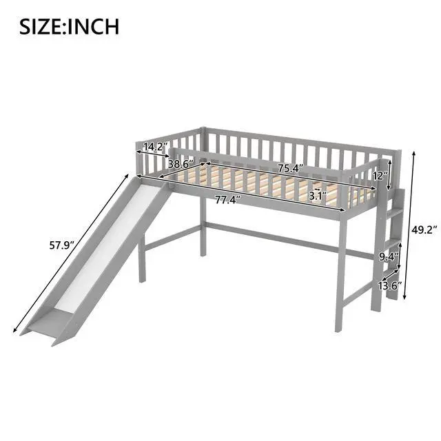 Alt view image 4 of 7 - Twin Size Low Loft Bed With Ladder And Slide, Gray(Old Sku:Wf196418Aae)