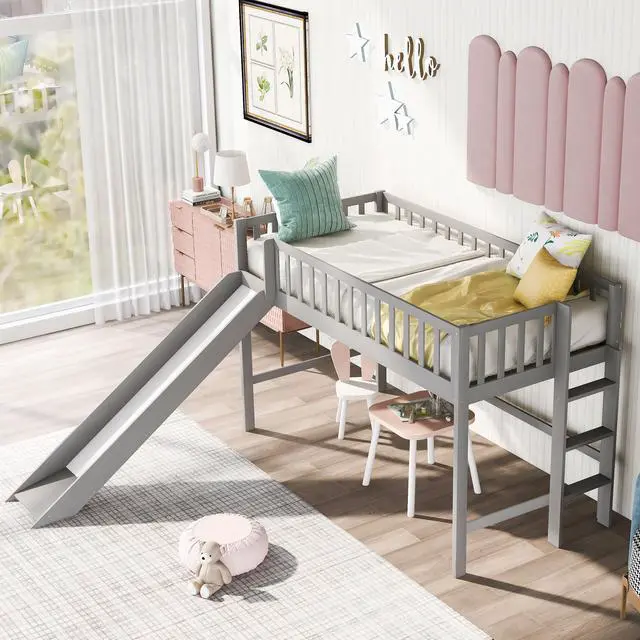 Alt view image 3 of 7 - Twin Size Low Loft Bed With Ladder And Slide, Gray(Old Sku:Wf196418Aae)