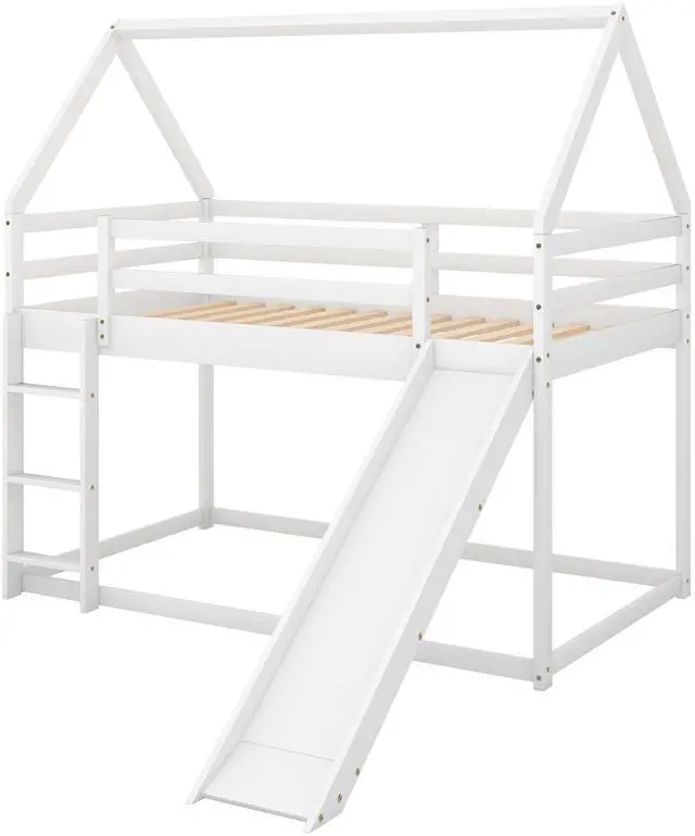 Alt view image 7 of 7 - Twin Size Bunk House Bed With Slide And Ladder,White