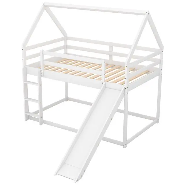 Alt view image 6 of 7 - Twin Size Bunk House Bed With Slide And Ladder,White