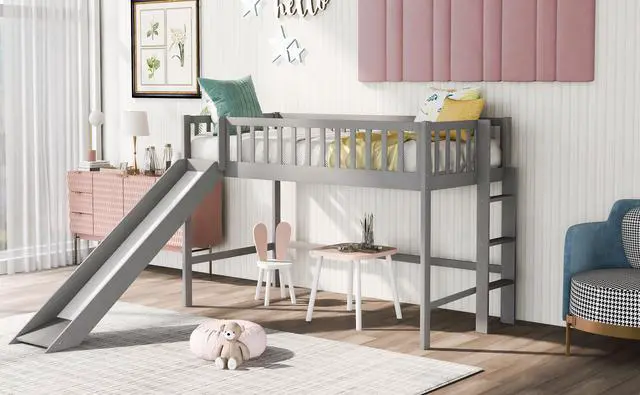 Alt view image 2 of 7 - Twin Size Low Loft Bed With Ladder And Slide, Gray(Old Sku:Wf196418Aae)