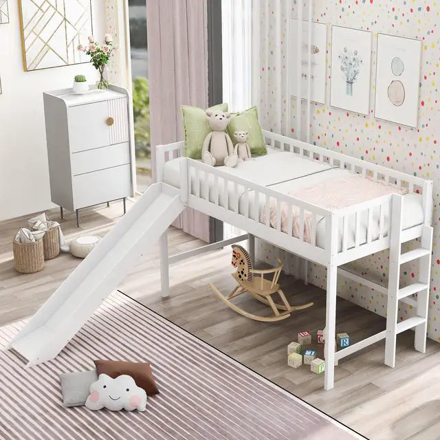 Alt view image 2 of 7 - Twin Size Low Loft Bed With Ladder And Slide,White(Old Sku:Wf196418Aak)