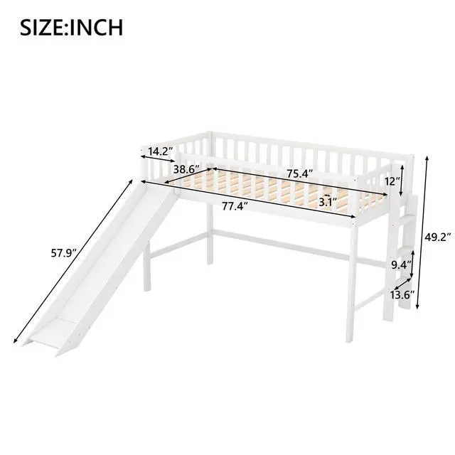 Alt view image 4 of 7 - Twin Size Low Loft Bed With Ladder And Slide,White(Old Sku:Wf196418Aak)