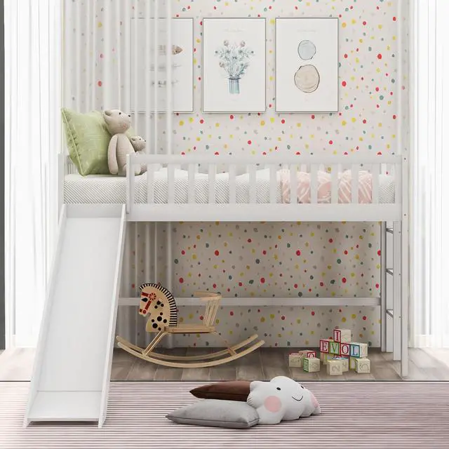 Alt view image 3 of 7 - Twin Size Low Loft Bed With Ladder And Slide,White(Old Sku:Wf196418Aak)