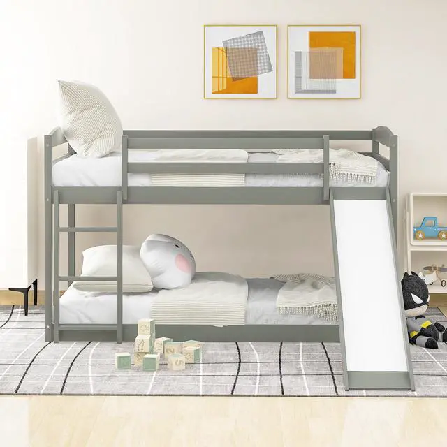 Alt view image 2 of 7 - Twin Over Twin Bunk Bed With Convertible Slide And Ladder , Gray(Old Sku:Wf281725Aae)